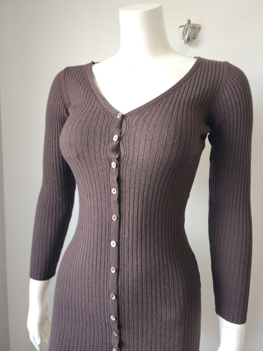 The Group Babaton brown ribbed button down bodycon dress S